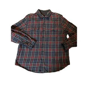 Woolrich Button‎ Shirt Mens XL Gray Red Plaid Long Sleeve 100 Cotton